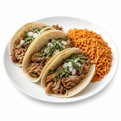 Yard House Street Tacos Carnitas with Flour Tortillas Three (3 Tacos) with Spicy Rice