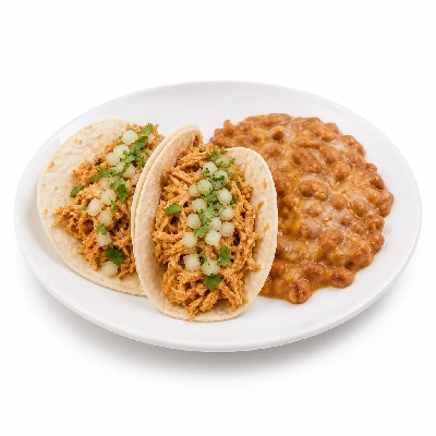 Yard House Street Tacos Chicken Tinga with Flour Tortillas Two (2 Tacos) with Pinto Bean Casserole