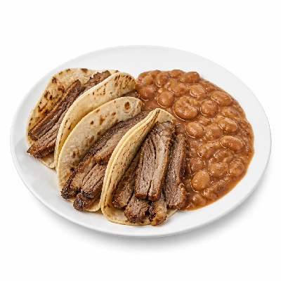Yard House Street Tacos Grilled Korean Beef Short Rib with Flour Tortillas Three (3 Tacos) with Pinto Bean Casserole