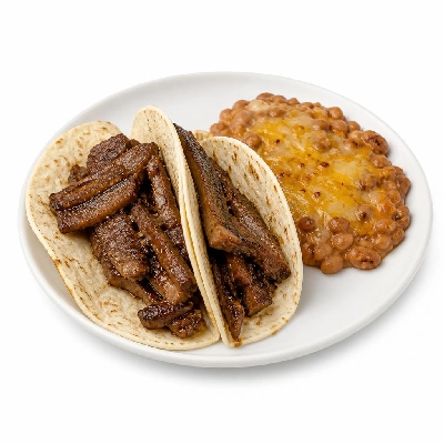 Yard House Street Tacos Grilled Korean Beef Short Rib with Flour Tortillas Two (2 Tacos) with Pinto Bean Casserole