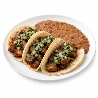 Yard House Street Tacos Grilled Korean Pork Belly with Flour Tortillas Three (3 Tacos) with Pinto Bean Casserole