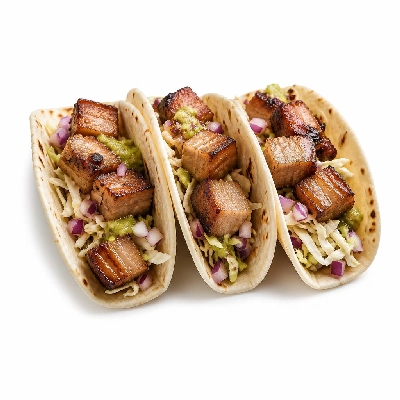 Yard House Street Tacos Grilled Korean Pork Belly with Flour Tortillas Three (3 Tacos) with Spicy Rice