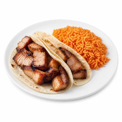 Yard House Street Tacos Grilled Korean Pork Belly with Flour Tortillas Two (2 Tacos) with Spicy Rice