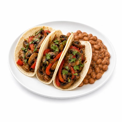 Yard House Street Tacos Hongos y Rajas with Flour Tortillas Three (3 Tacos) with Pinto Bean Casserole