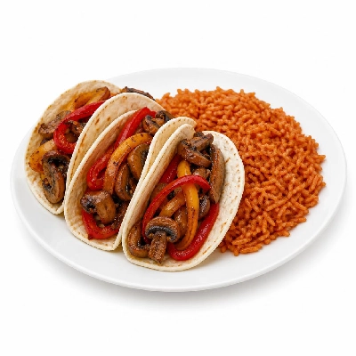 Yard House Street Tacos Hongos y Rajas with Flour Tortillas Three (3 Tacos) with Spicy Rice