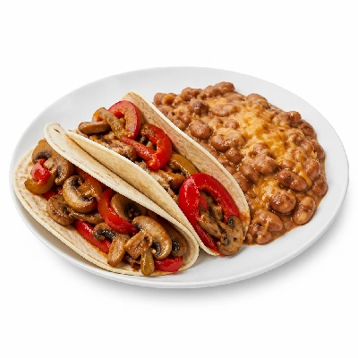 Yard House Street Tacos Hongos y Rajas with Flour Tortillas Two (2 Tacos) with Pinto Bean Casserole