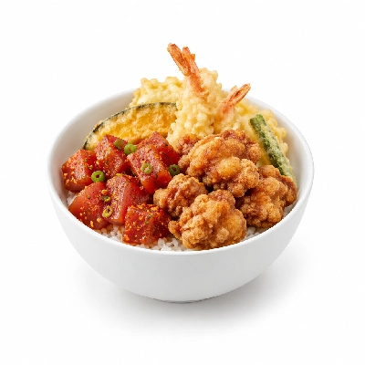 Zippy's Spicy Ahi Poke Karaage Chicken & Tempura Donburi