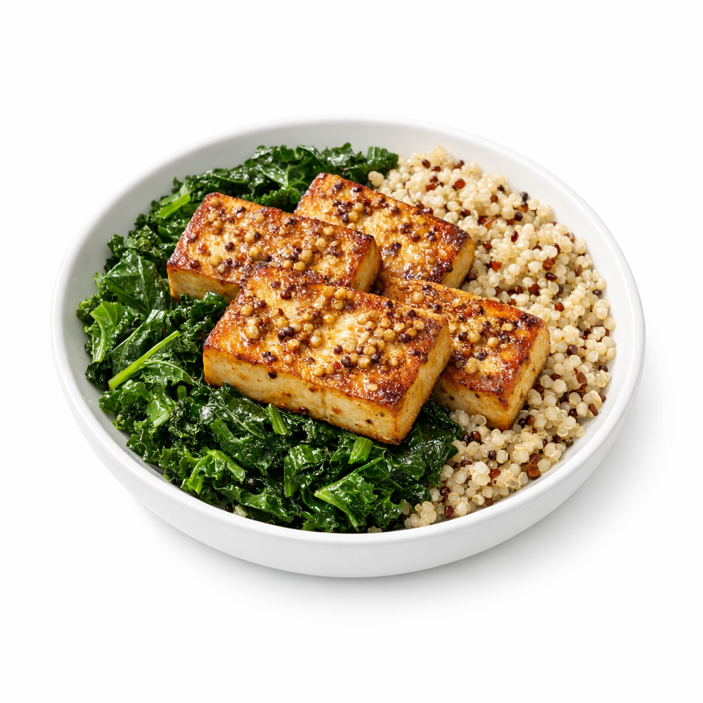 Seared Tofu with Mustard, Kale & Quinoa