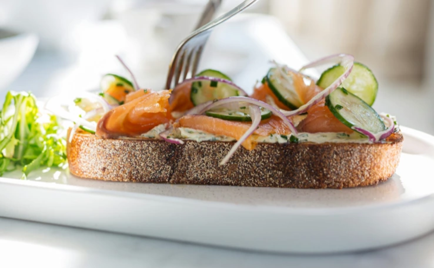 Smoked salmon with avocado toast with egg, cream cheese, red onion, and cucumber slices, a simple pescatarian diet meal.