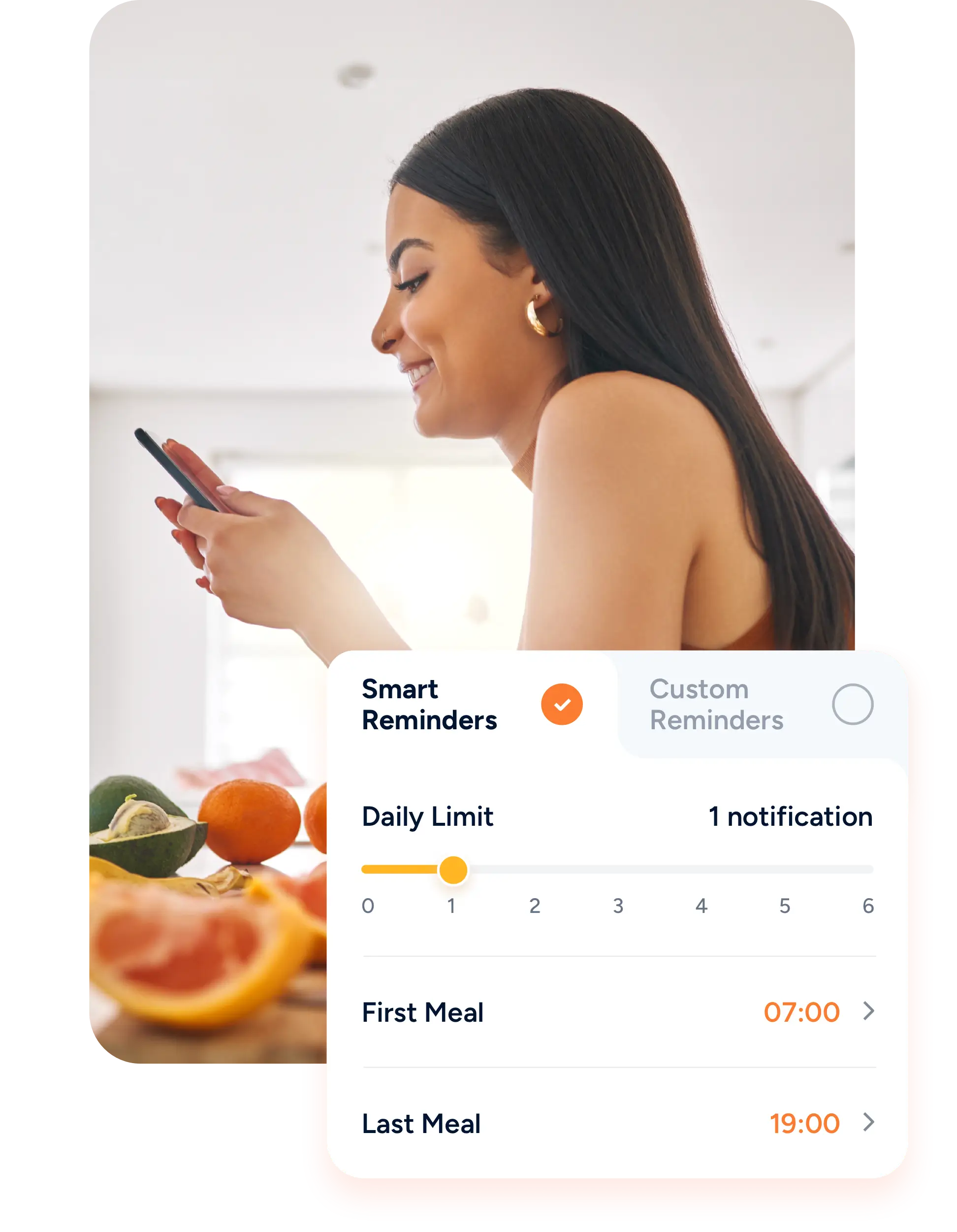 Stay on track with your health goals with Eato’s smart meal reminders.