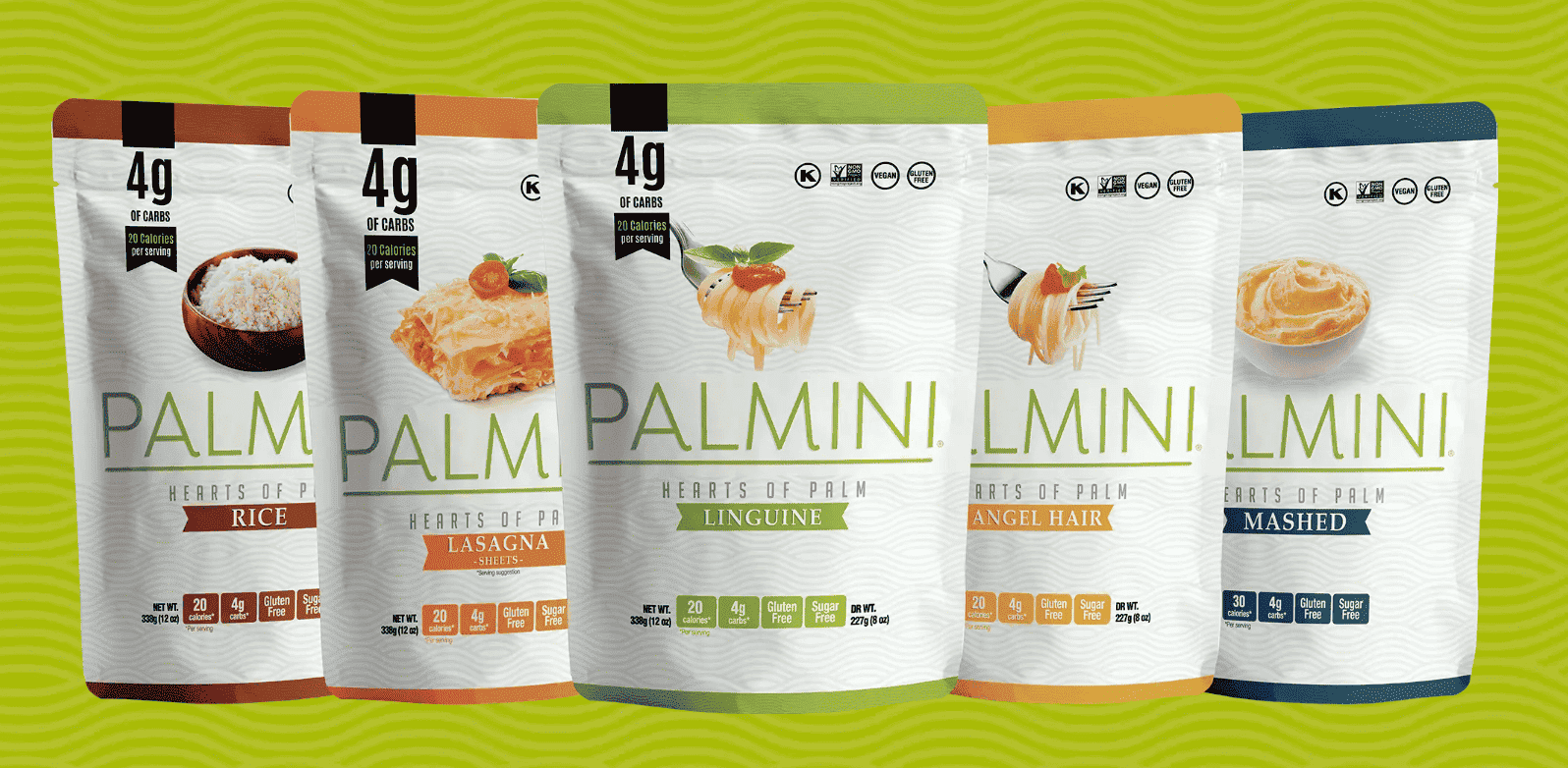 Palmini hearts of palm pasta packs featuring rice, linguine, and lasagna sheets, a top low carb and keto pasta alternative.