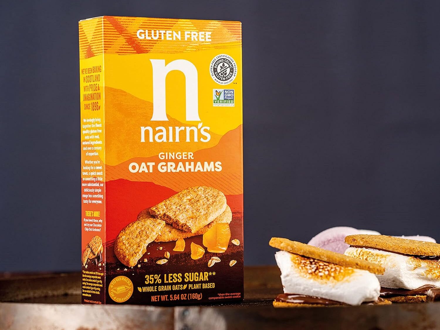 Nairn’s gluten-free oat grahams in stem ginger flavor, a crunchy snack made with whole grain oats.
