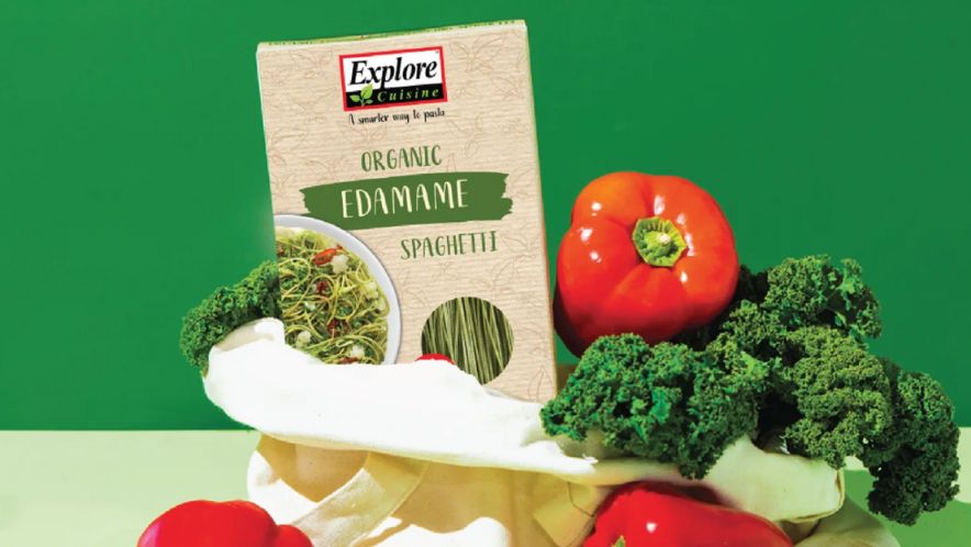 Explore Cuisine Organic Edamame Spaghetti box with kale and bell peppers, a protein rich low carb pasta for keto and vegan diets.