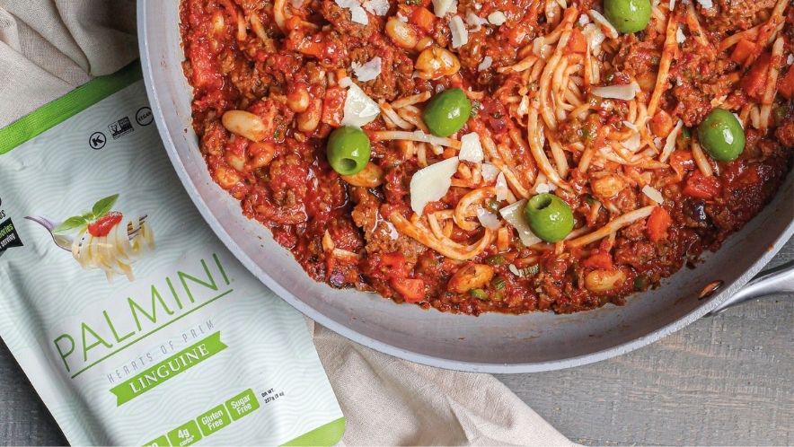 Palmini hearts of palm pasta packs featuring rice, linguine, and lasagna sheets, a top low carb and keto pasta alternative.