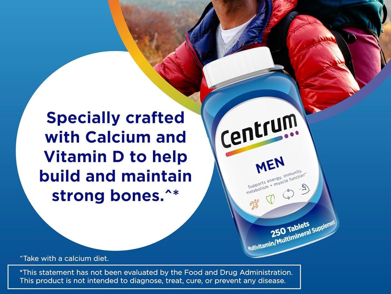 Centrum Men best multivitamin bottle supporting strong bones and muscle health.