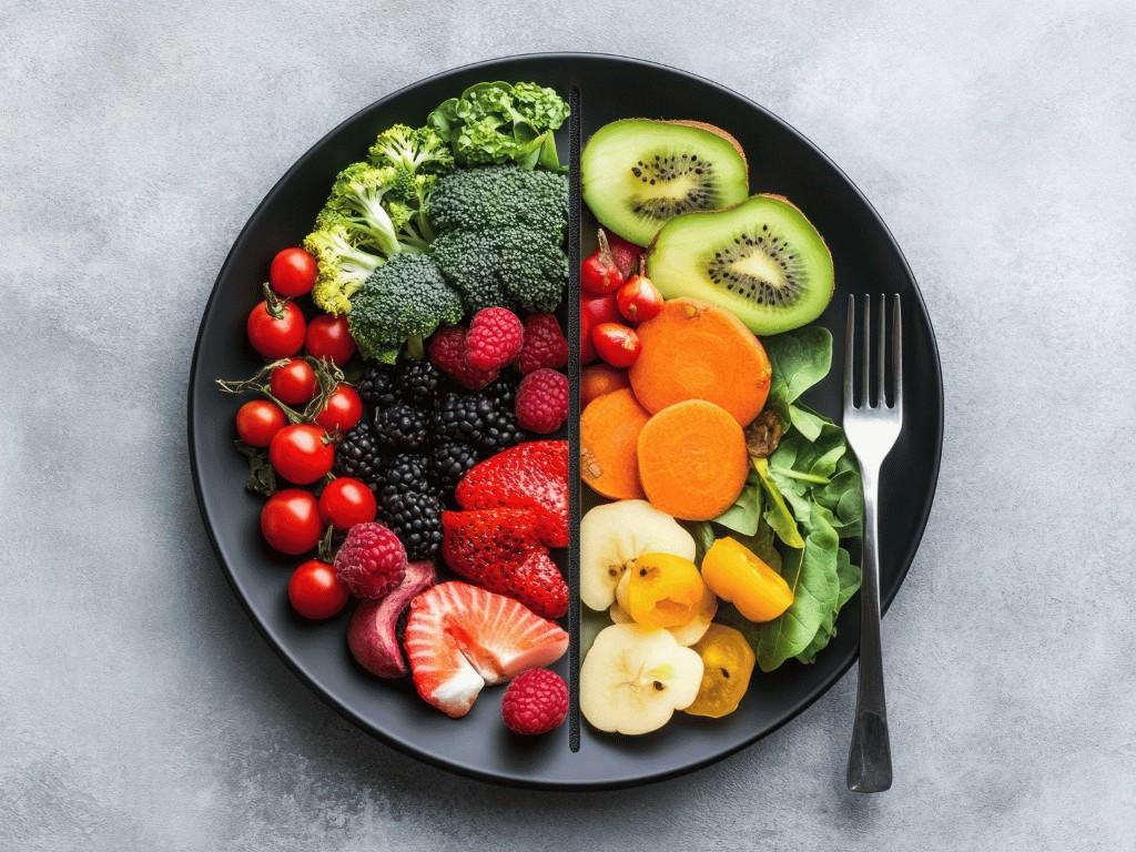 Balanced plate of colorful fruits and vegetables shows healthy eating focus for the 75 Soft Challenge.