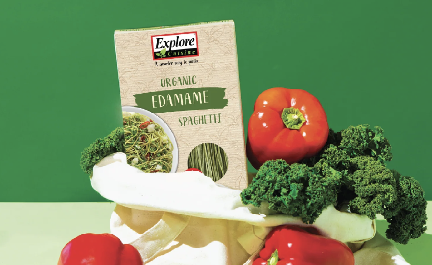 Explore Cuisine Organic Edamame Spaghetti box with kale and bell peppers, a protein rich low carb pasta for keto and vegan diets.