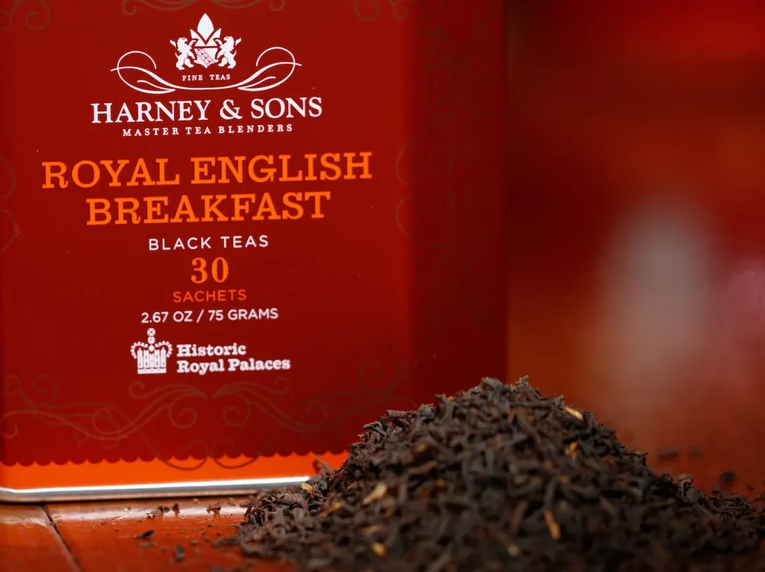 Harney and Sons Royal English Breakfast Tea tin with loose English breakfast tea leaves.