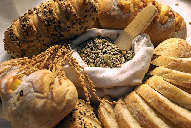 Whole grain breads and seeds are healthy carbohydrate sources for balanced energy intake.