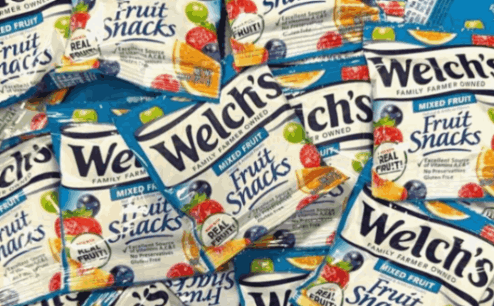 Welch’s gluten-free mixed fruit snacks made with real fruit and natural colors, a chewy sweet treat.