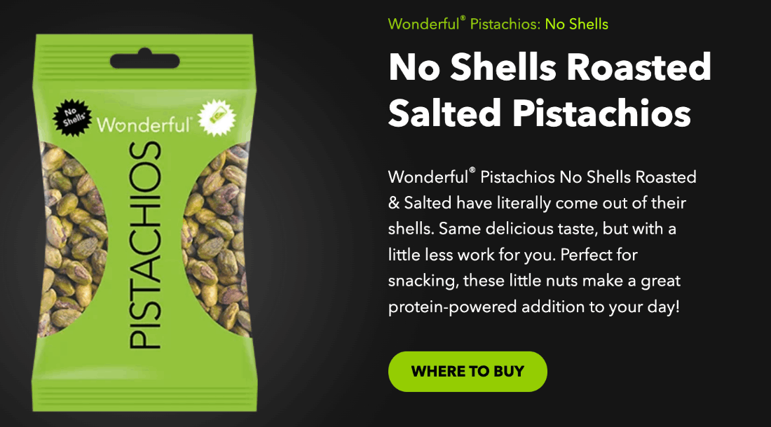 Wonderful Pistachios No Shells roasted and salted nuts, a gluten-free protein snack option.
