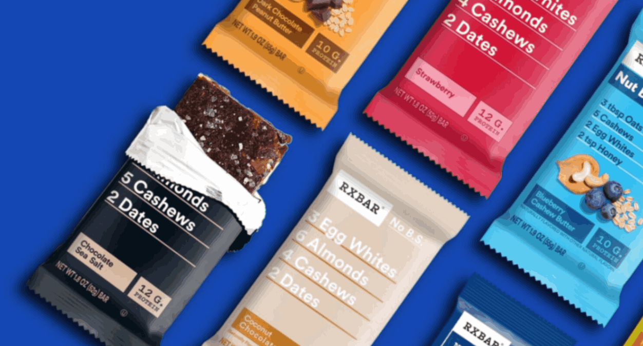 RXBAR Vanilla Almond gluten-free protein bar with simple ingredients like egg whites, almonds, and dates.
