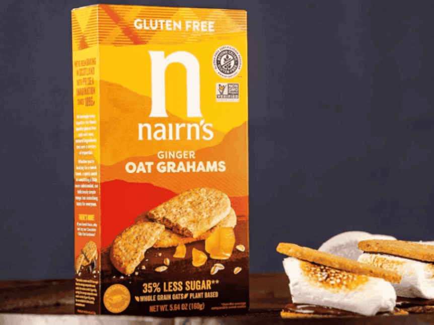 Nairn’s gluten-free oat grahams in stem ginger flavor, a crunchy snack made with whole grain oats.
