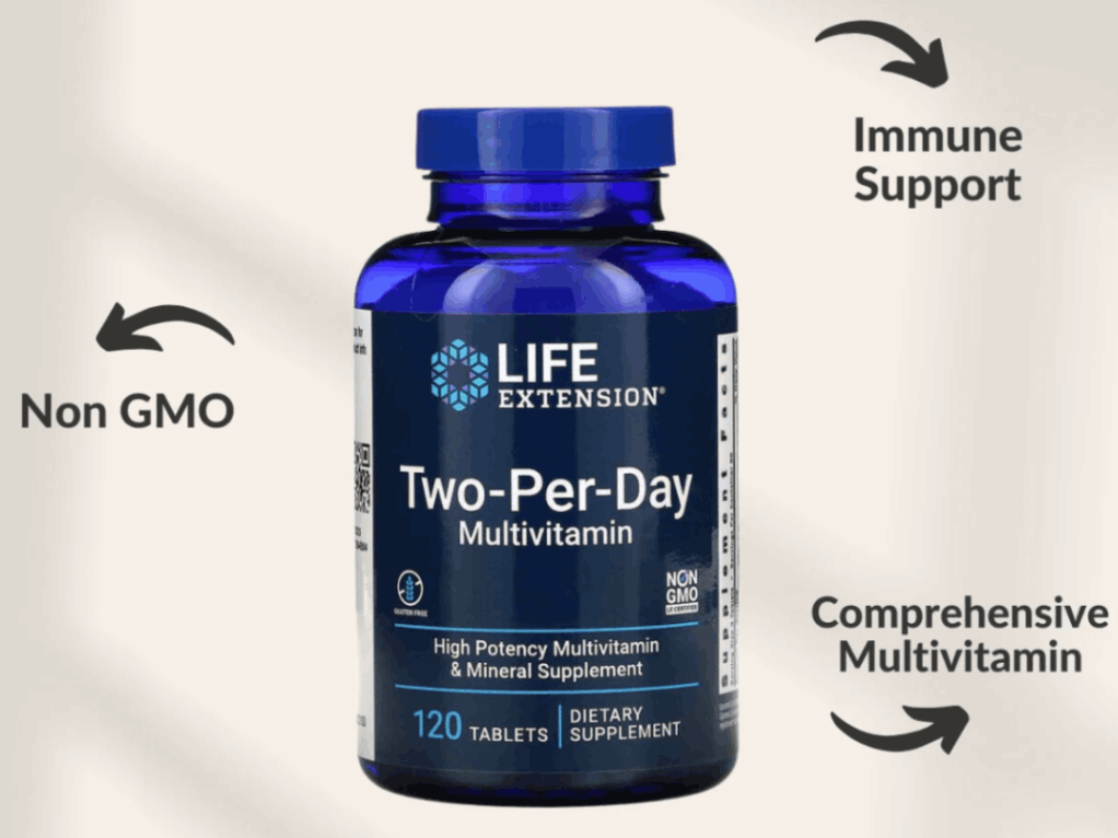 Life Extension Two Per Day Multivitamin bottle for immune and daily health support.