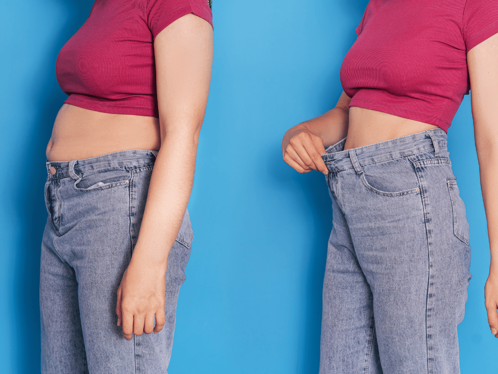 Woman showing before and after weight loss results from healthy oatmeal diet and lifestyle changes.