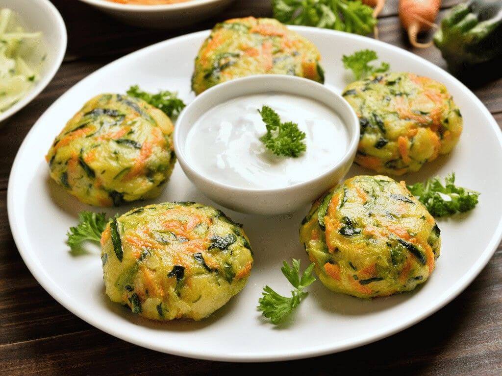 Low FODMAP zucchini and carrot fritters with yogurt dip on white plate.