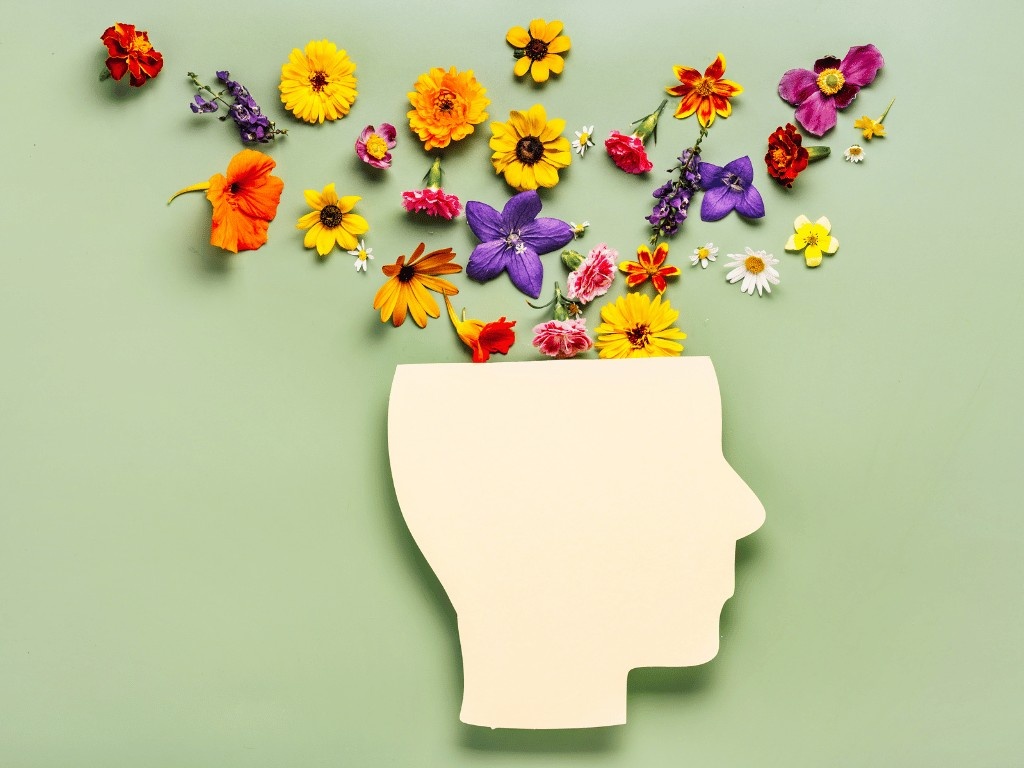 image of head cut out and flowers representing enhanced mental clarity as benefit of intermittent fasting