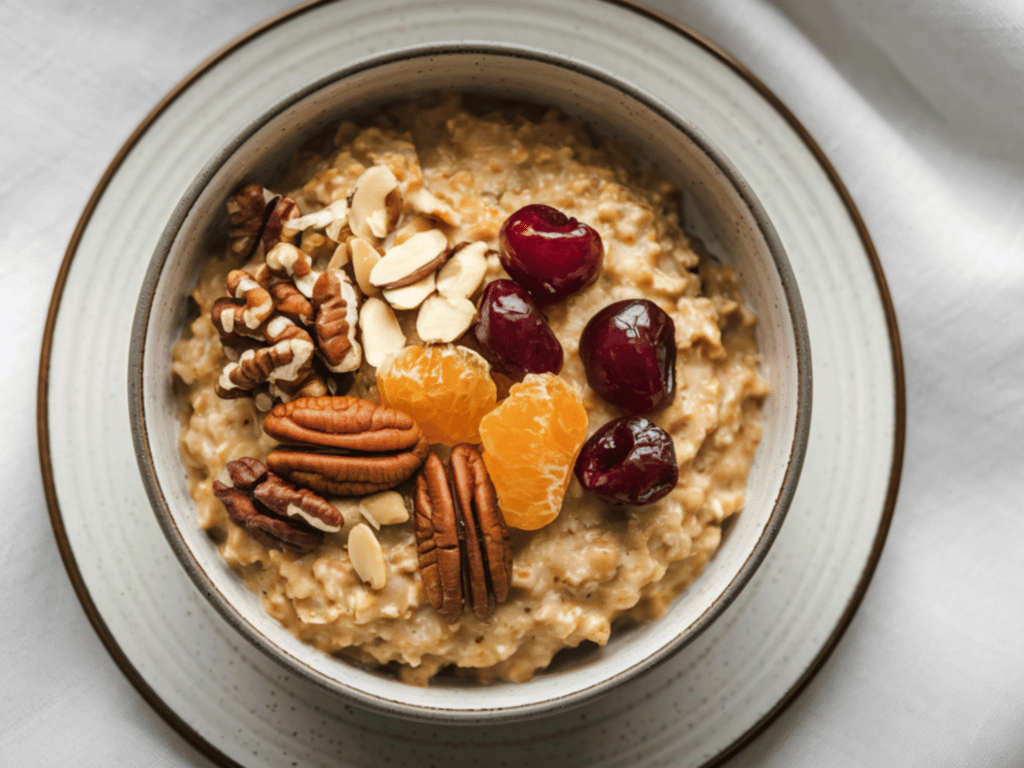 Bowl of oatmeal topped with nuts and fruits common to the oatmeal diet meal plan.
