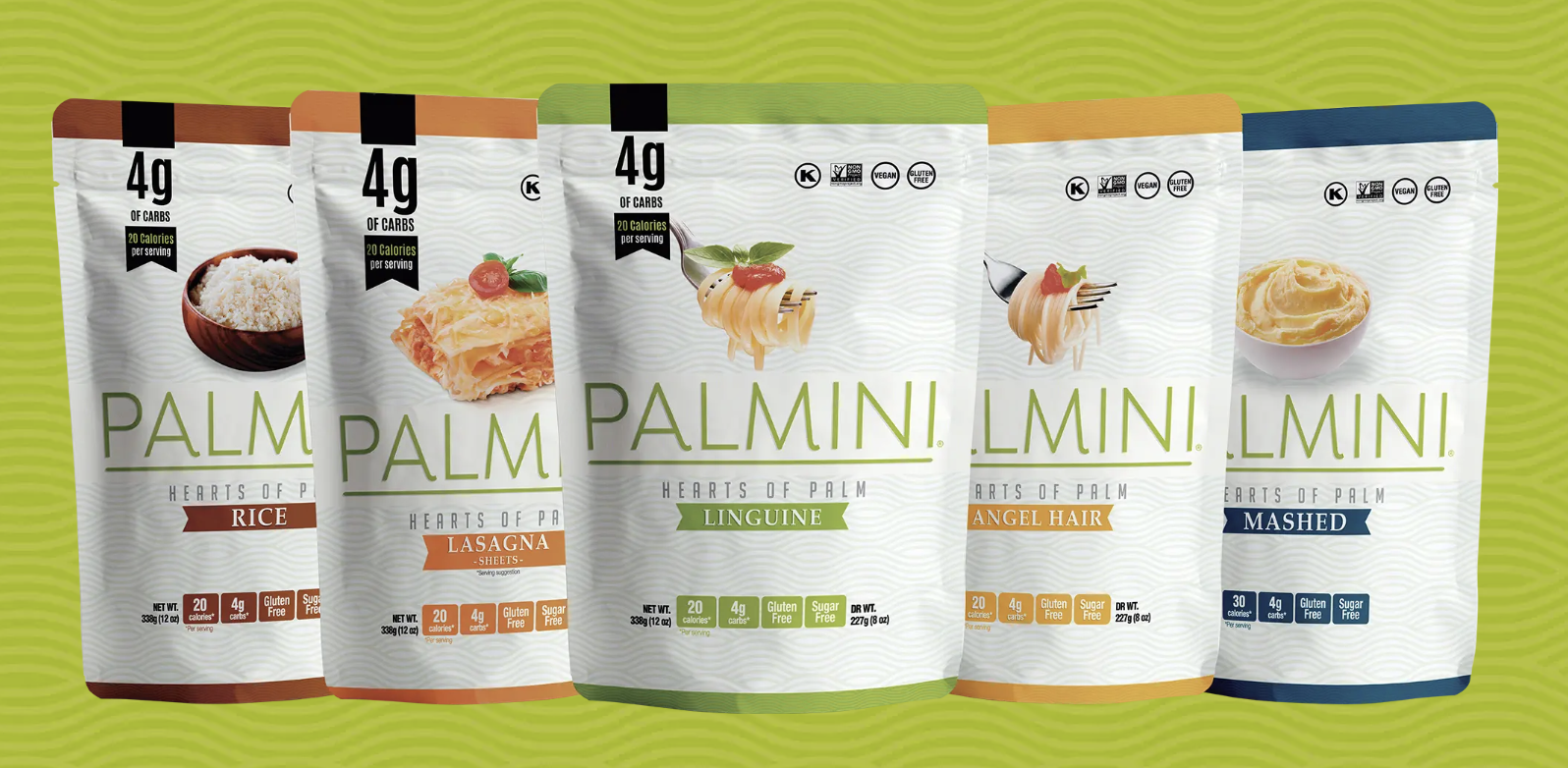 Palmini hearts of palm pasta packs featuring rice, linguine, and lasagna sheets, a top low carb and keto pasta alternative.