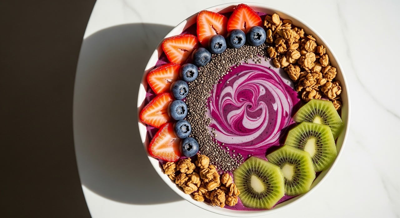 Thick purple smoothie bowl topped with strawberries, blueberries, and gluten-free granola for a refreshing breakfast.