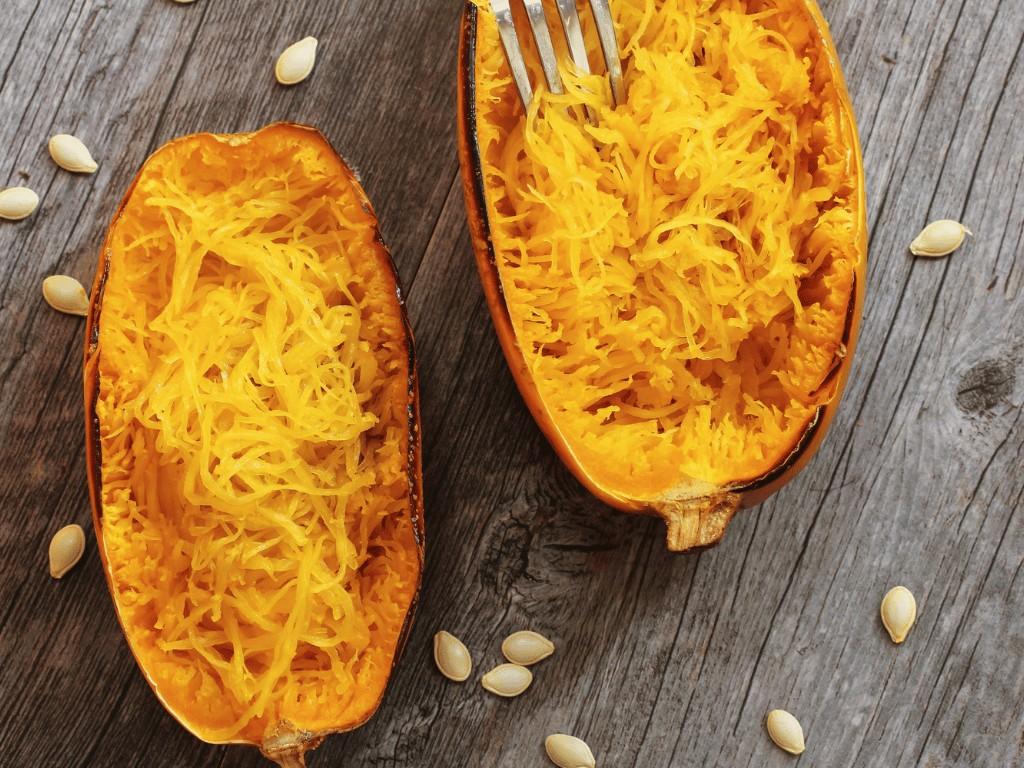 Baked spaghetti squash a low carb pasta substitute ideal for keto and grain free diets.