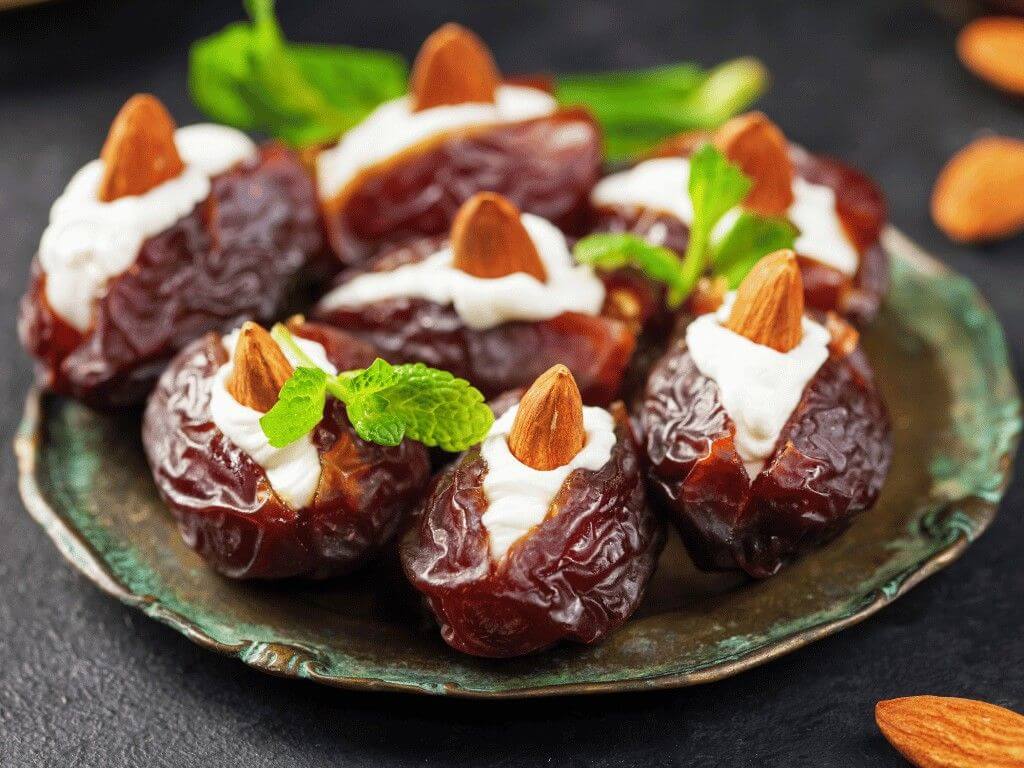 Plate of dates stuffed with cream cheese and almonds, a naturally sweet gluten-free snack perfect for quick energy.