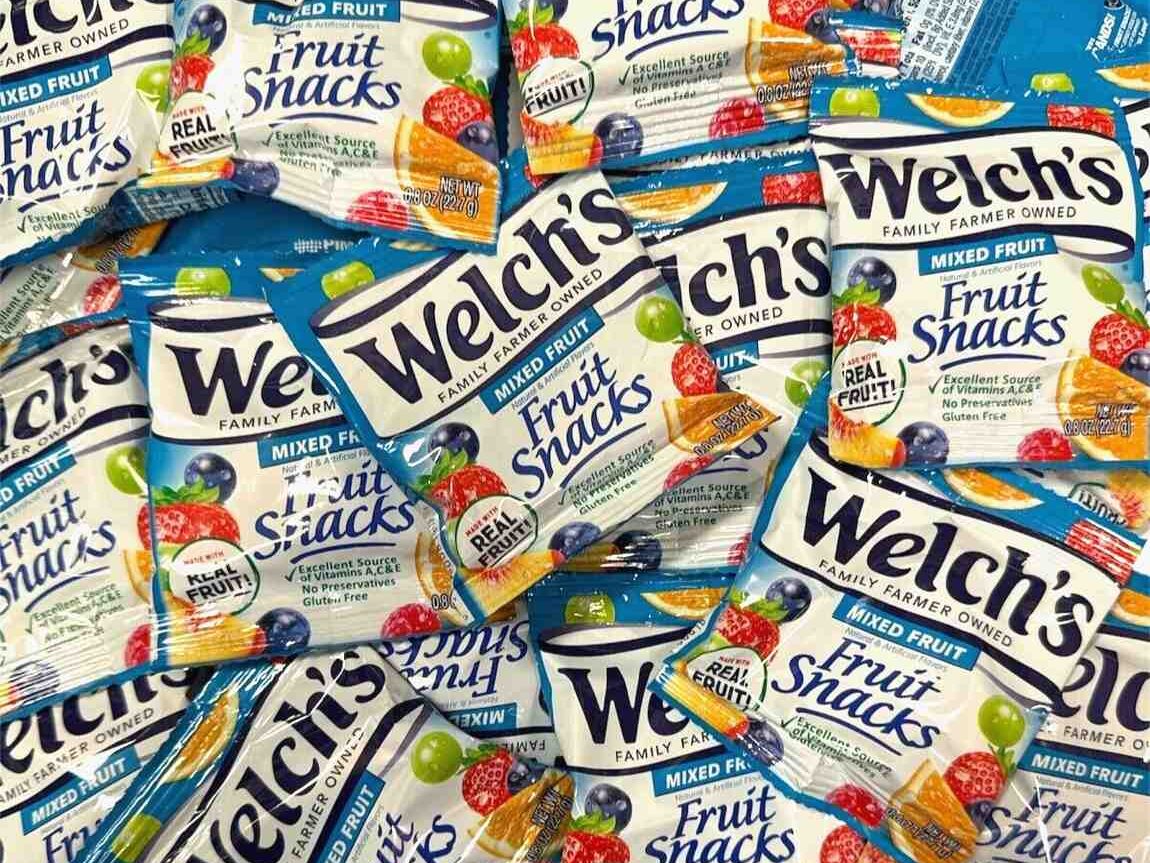 Welch’s gluten-free mixed fruit snacks made with real fruit and natural colors, a chewy sweet treat.
