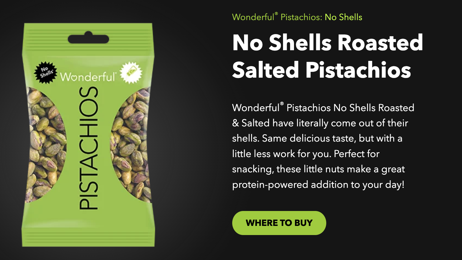 Wonderful Pistachios No Shells roasted and salted nuts, a gluten-free protein snack option.