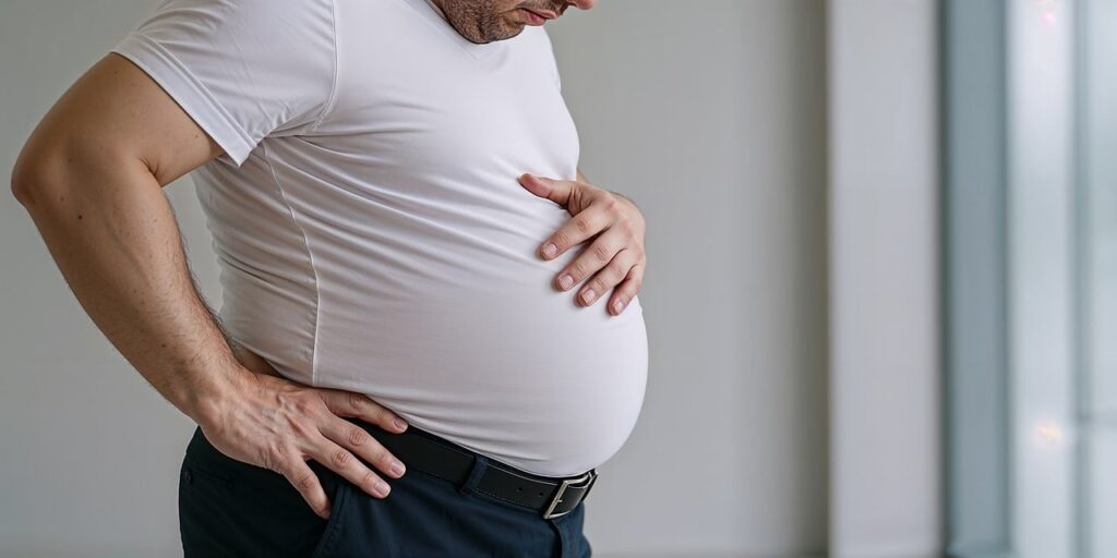 A man holds his abdomen with a visibly distended and bloated stomach after eating a large meal. So, how to get rid of bloating after a large meal?