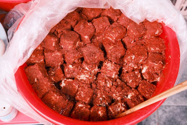Fermented mao tofu cubes with surface mold in a red container
