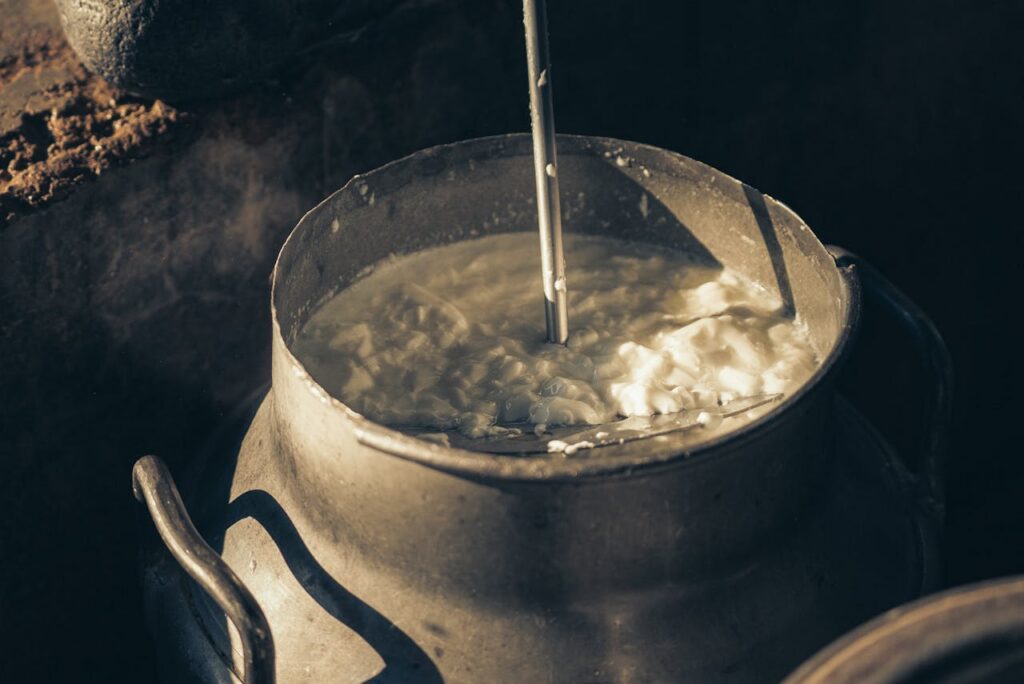 Fresh milk fermenting in a metal pot, showing traditional dairy fermentation used to make yogurt or kefir with live cultures