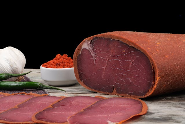 Sliced pastirma cured beef coated in spice paste with garlic, paprika, and fenugreek.