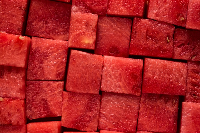 Watermelon is 92% water, which makes it low in calories by weight, which means watermelon produces lower hunger, lower desire to eat, and greater fullness.
